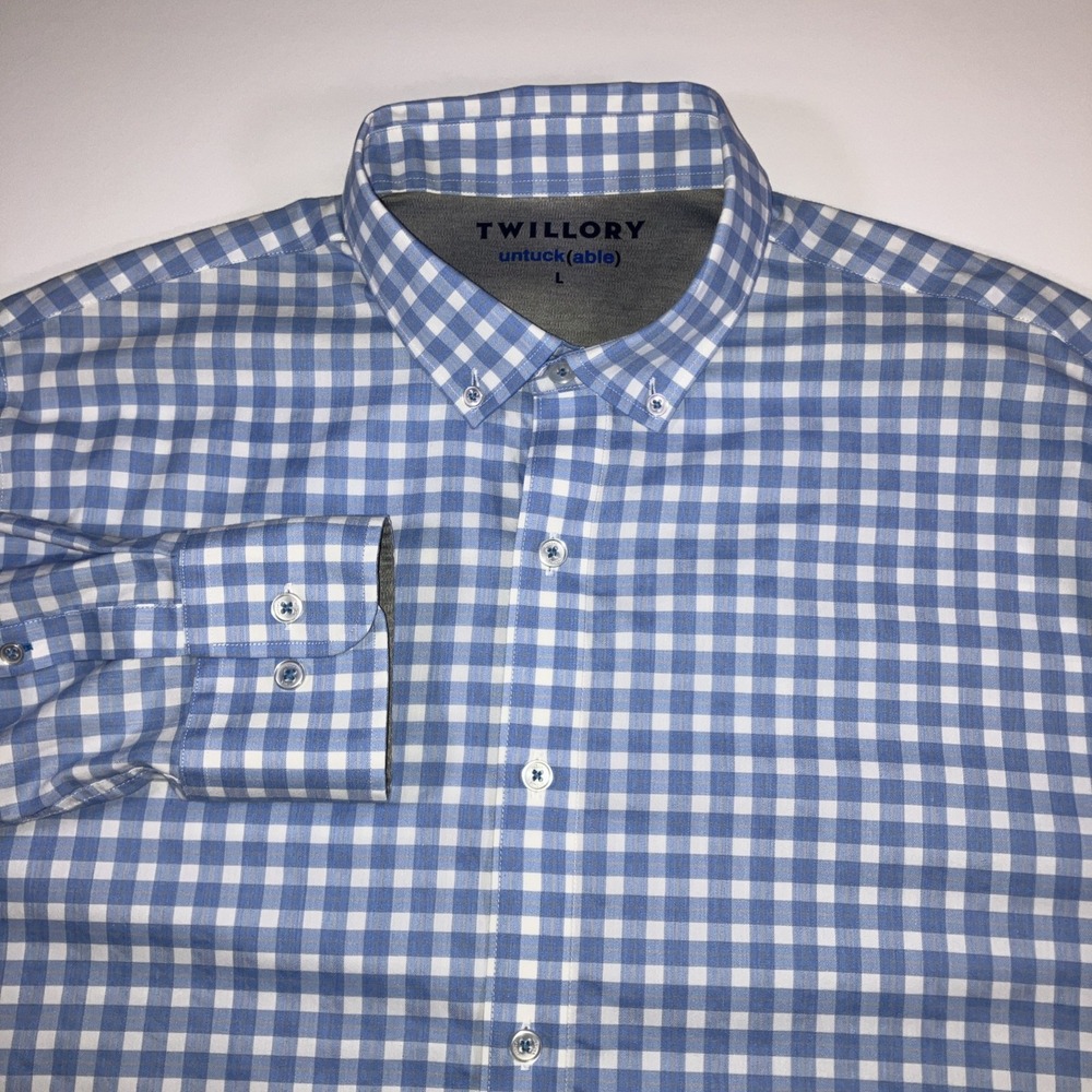 Twillory Untuckable Shirt Mens L Blue Gingham Stretch Performance Button‎ Down